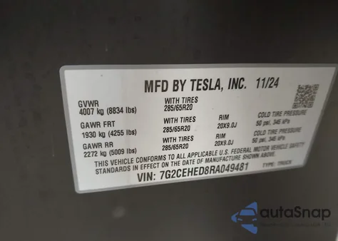 2024 Tesla Cybertruck All-Wheel Drive z USA, uszkodzony, nr VIN 7G2CEHED8RA049481